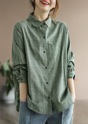 Fashion Green button Peter Pan Collar Cotton Shirt Tops Long Sleeve