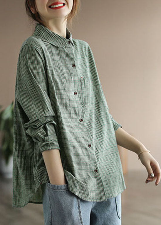 Fashion Green button Peter Pan Collar Cotton Shirt Tops Long Sleeve