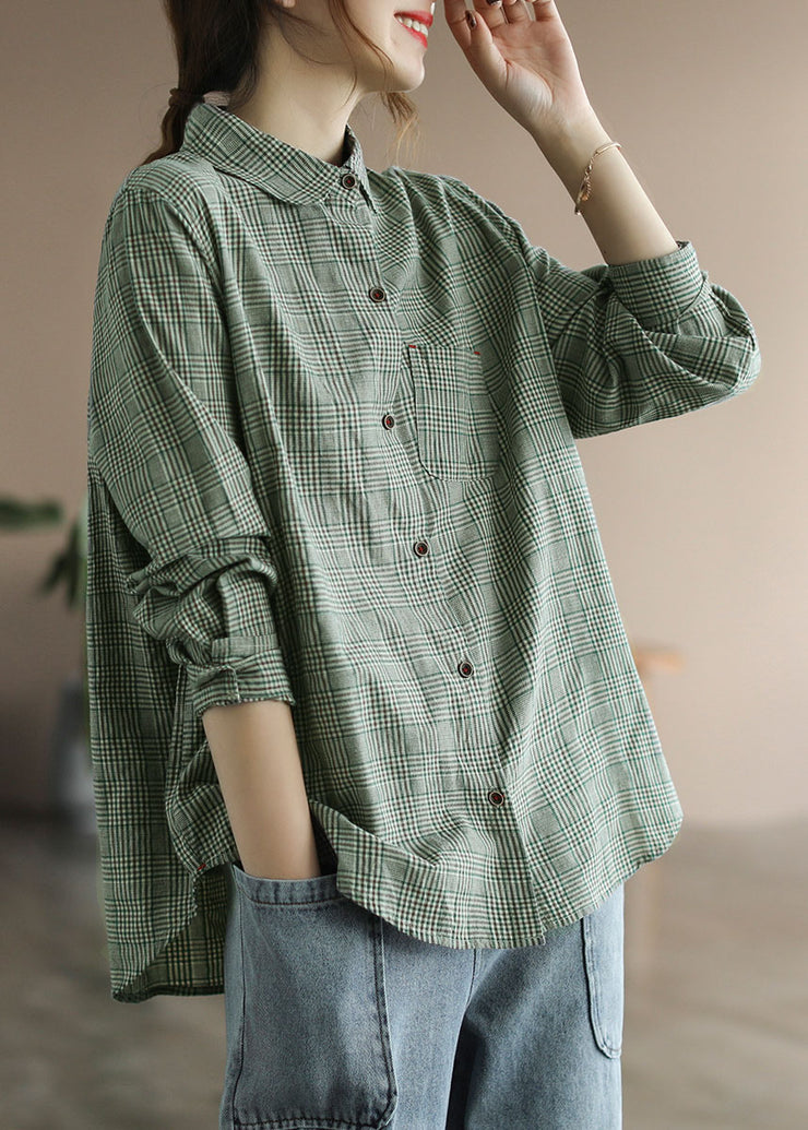 Fashion Green button Peter Pan Collar Cotton Shirt Tops Long Sleeve