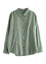 Fashion Green button Peter Pan Collar Cotton Shirt Tops Long Sleeve