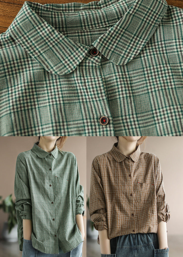 Fashion Green button Peter Pan Collar Cotton Shirt Tops Long Sleeve