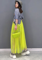 Fashion Grey O-Neck Patchwork Tulle Print Cotton Maxi Dress Short Sleeve