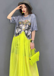 Fashion Grey O-Neck Patchwork Tulle Print Cotton Maxi Dress Short Sleeve