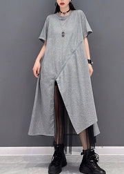 Fashion Grey O-Neck Zippered Tulle Patchwork Dresses Short Sleeve