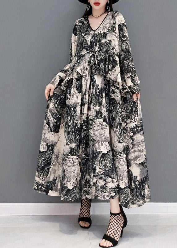 Fashion Grey V Neck Print Tie Waist Chiffon Long Dress Long Sleeve