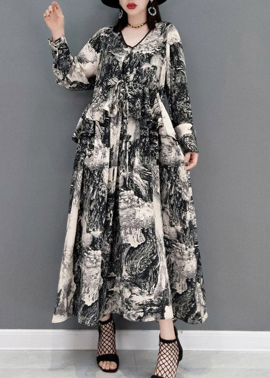 Fashion Grey V Neck Print Tie Waist Chiffon Long Dress Long Sleeve