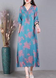 Fashion Lake Blue V Neck Jacquard Tassel Silk Holiday Dress Half Sleeve