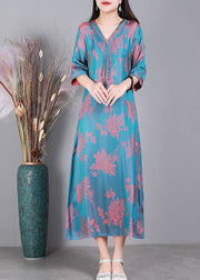 Fashion Lake Blue V Neck Jacquard Tassel Silk Holiday Dress Half Sleeve