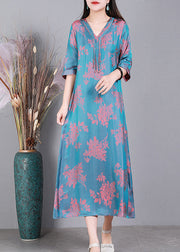 Fashion Lake Blue V Neck Jacquard Tassel Silk Holiday Dress Half Sleeve