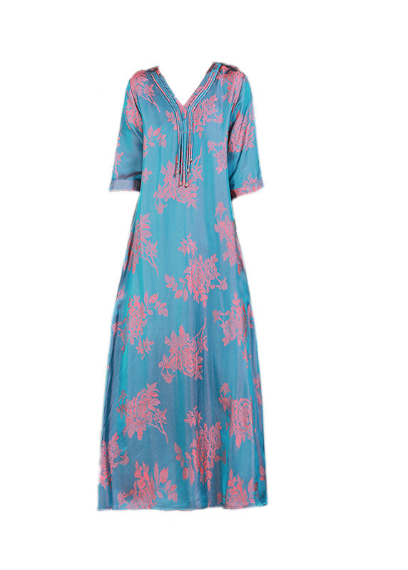 Fashion Lake Blue V Neck Jacquard Tassel Silk Holiday Dress Half Sleeve