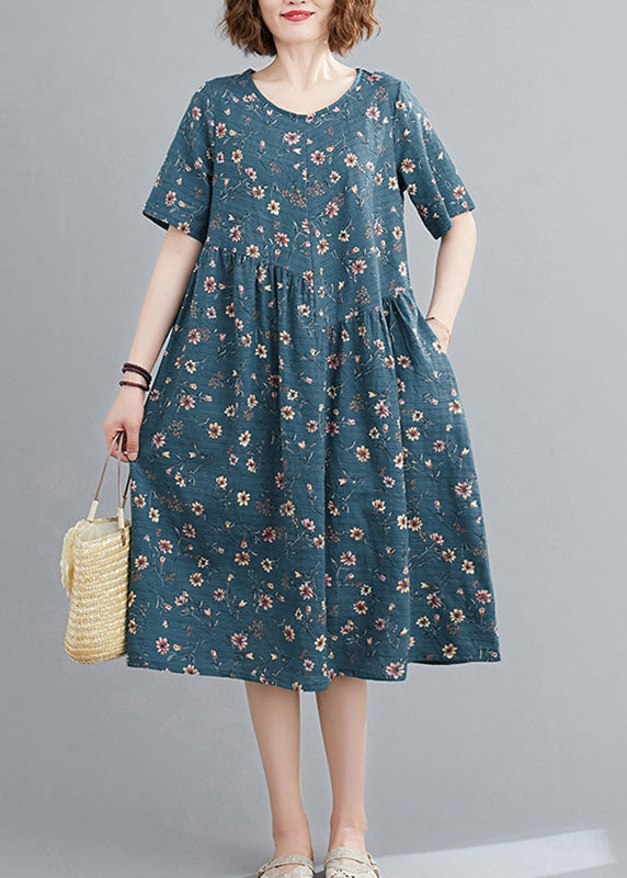 Fashion Lake Blue Wrinkled Print Cotton A Line Dresses Short Sleeve