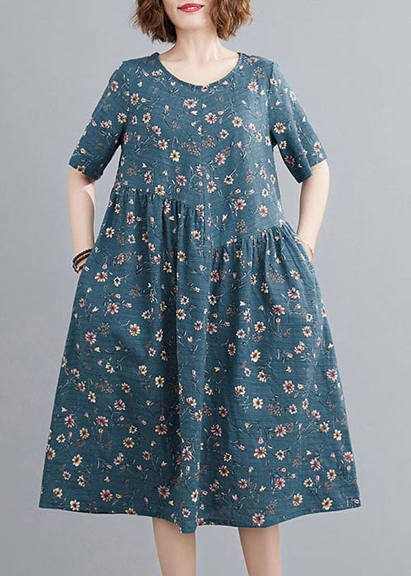 Fashion Lake Blue Wrinkled Print Cotton A Line Dresses Short Sleeve