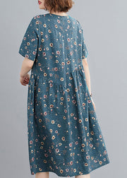 Fashion Lake Blue Wrinkled Print Cotton A Line Dresses Short Sleeve