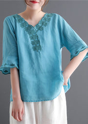 Fashion Lake blue V Neck Embroideried Linen Tops flare sleeve