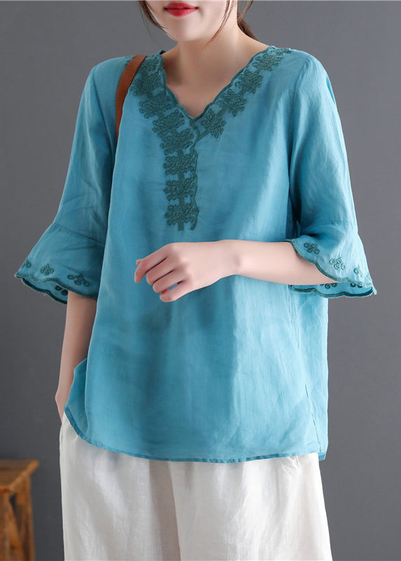 Fashion Lake blue V Neck Embroideried Linen Tops flare sleeve