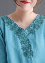 Fashion Lake blue V Neck Embroideried Linen Tops flare sleeve