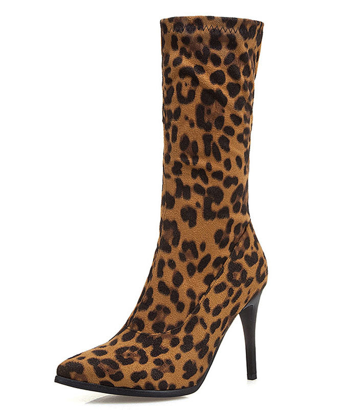 Fashion Leopard Print Genuine Leather Velour Fabric Zippered Boots Pointed Toe Boots