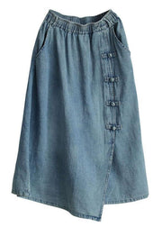 Fashion Light Blue Asymmetrical Design Button A Line Pockets Fall Skirts - SooLinen