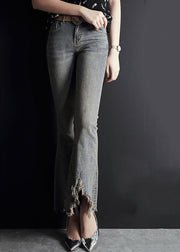 Fashion Light Blue Asymmetrical Pockets Cotton Denim Flare Pants Summer