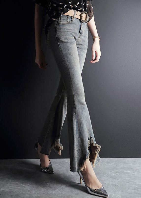 Fashion Light Blue Asymmetrical Pockets Cotton Denim Flare Pants Summer