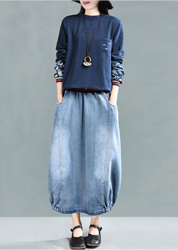 Fashion Light Blue Elastic Waist Pockets Cotton Denim Skirt Summer