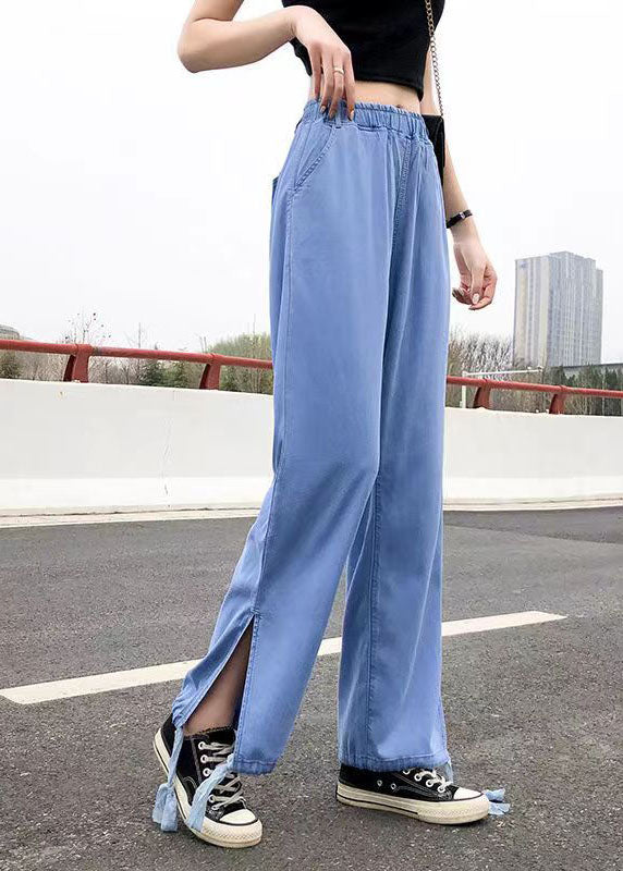 Fashion Light Blue Elastic Waist Side Open Drawstring Cotton Denim Pants Summer