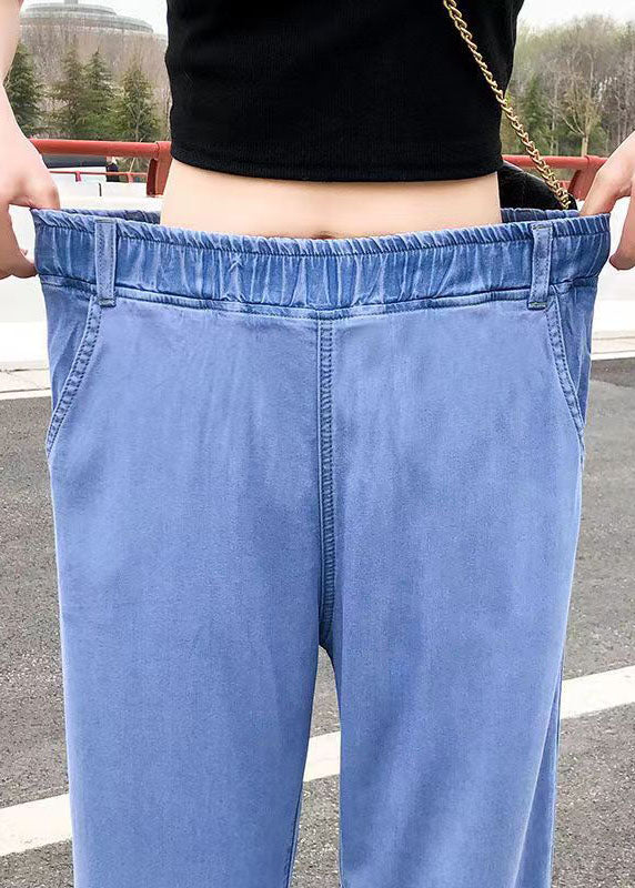 Fashion Light Blue Elastic Waist Side Open Drawstring Cotton Denim Pants Summer