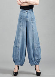 Fashion Light Blue High Waist Pockets Cotton Denim Lantern Pants Summer