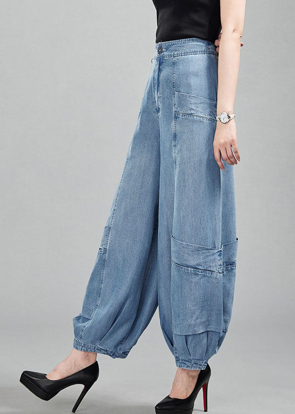 Fashion Light Blue High Waist Pockets Cotton Denim Lantern Pants Summer