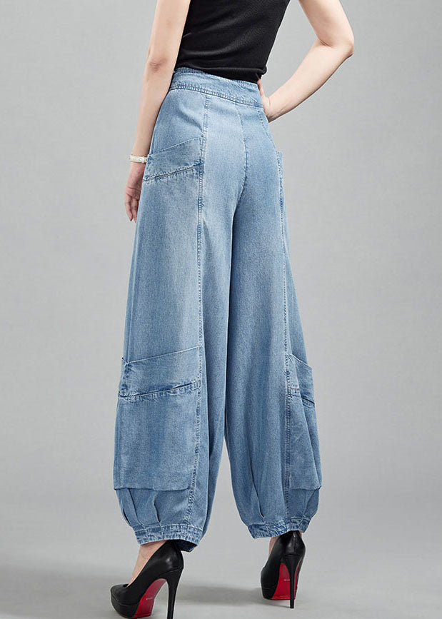 Fashion Light Blue High Waist Pockets Cotton Denim Lantern Pants Summer