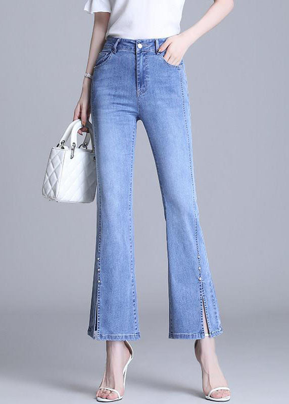 Fashion Light Blue High Waist Slim Pockets Side Open Cotton Denim Flare Pants Summer