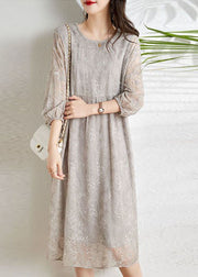 Fashion Light Grey Cinched Embroideried Chiffon Vacation Dresses Three Quarter sleeve