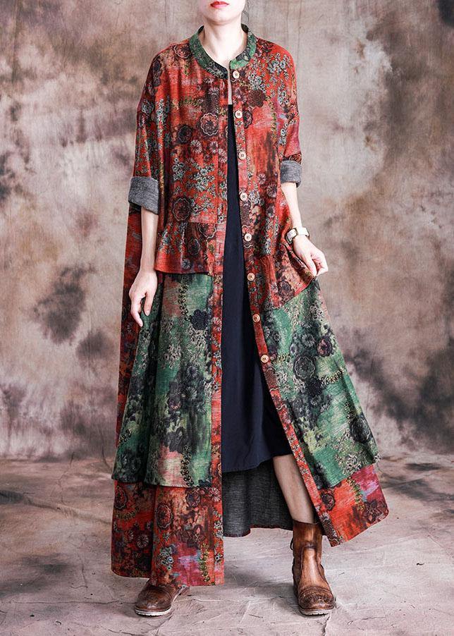 Fashion Loose fall red patchwork green print pockets coat for woman - SooLinen