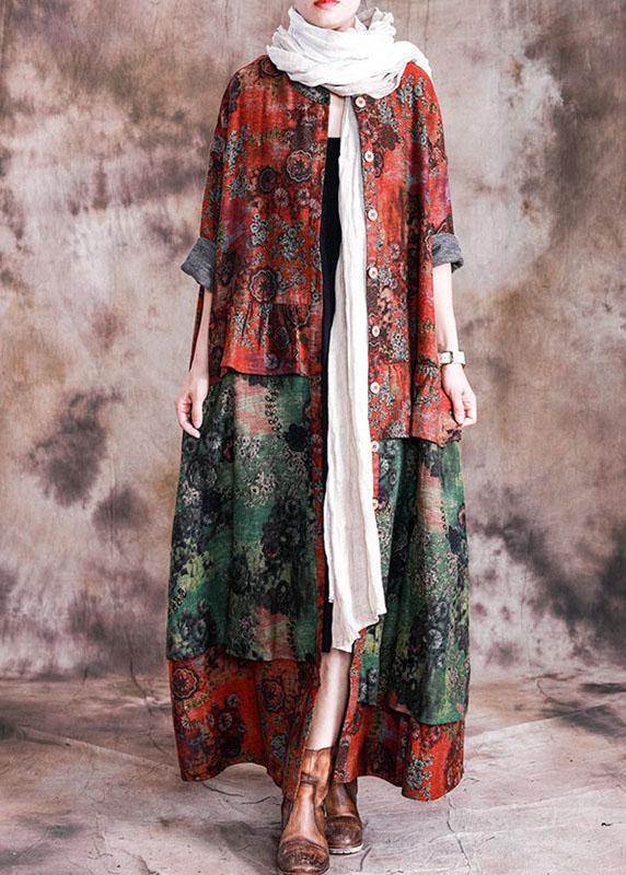 Fashion Loose fall red patchwork green print pockets coat for woman - SooLinen