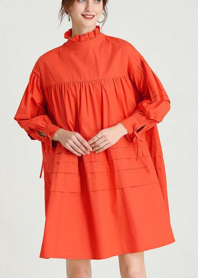 Fashion Orange Long sleeve Spring Cotton Dress - SooLinen