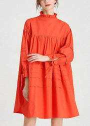 Fashion Orange Long sleeve Spring Cotton Dress - SooLinen