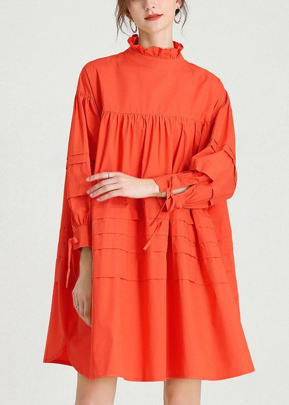 Fashion Orange Long sleeve Spring Cotton Dress - SooLinen