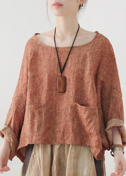 Fashion Orange Pockets Linen Pullover Sweatshirt Batwing Sleeve