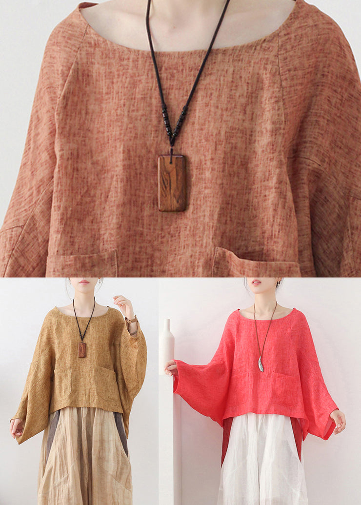 Fashion Orange Pockets Linen Pullover Sweatshirt Batwing Sleeve