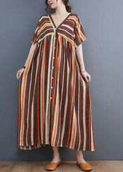 Fashion Orange Striped V Neck Patchwork Holiday Cotton Linen Dress - SooLinen