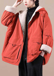 Fashion Orange hooded zippered Pockets Loose Winter parkas Coat