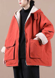 Fashion Orange hooded zippered Pockets Loose Winter parkas Coat