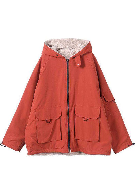 Fashion Orange Kapuzentaschen mit Reißverschluss Lose Winter Parkas Mantel