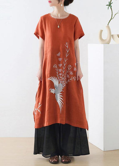 Fashion Orange phoenix Embroideried Linen side open Summer Long Dress - SooLinen