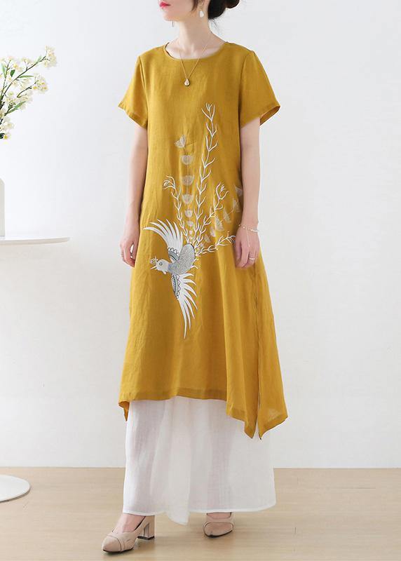 Fashion Orange phoenix Embroideried Linen side open Summer Long Dress - SooLinen