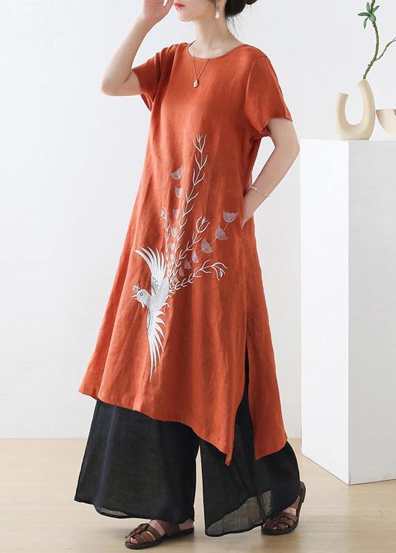 Fashion Orange phoenix Embroideried Linen side open Summer Long Dress - SooLinen