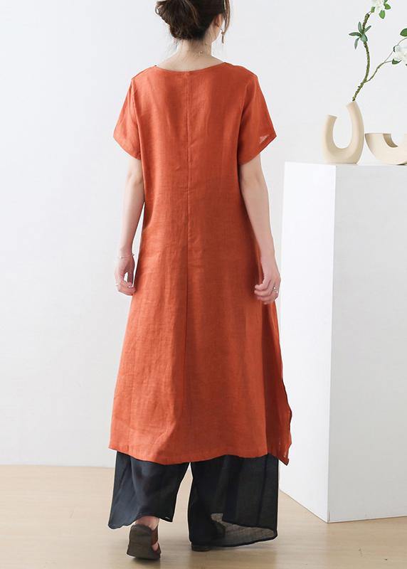 Fashion Orange phoenix Embroideried Linen side open Summer Long Dress - SooLinen