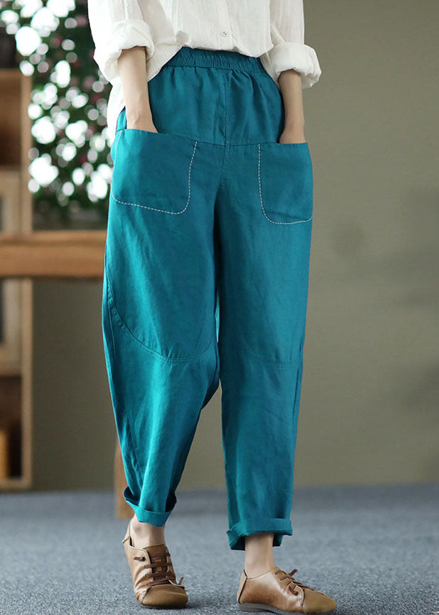 Fashion Peacock Blue Elastic Waist Patchwork Linen Harem Pants Summer