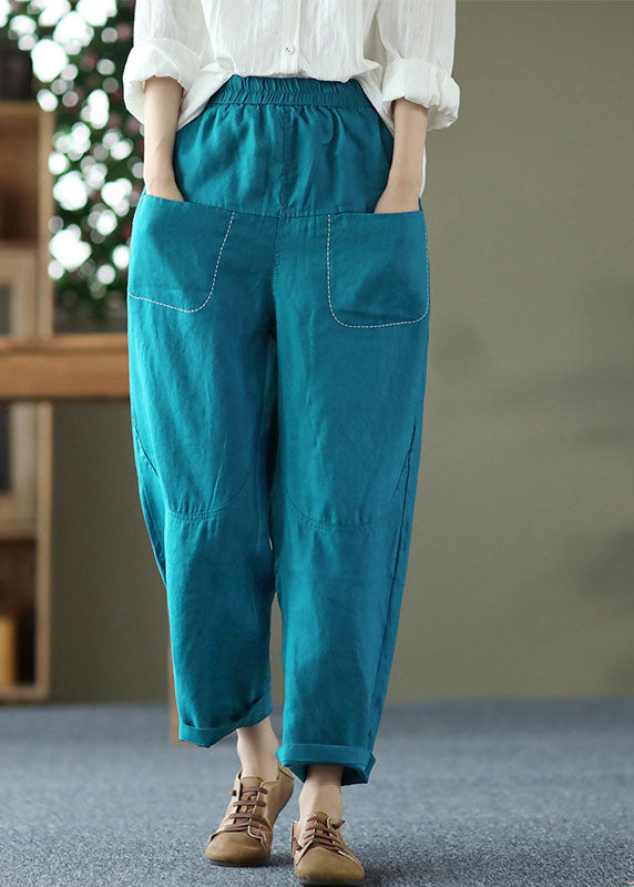 Fashion Peacock Blue Elastic Waist Patchwork Linen Harem Pants Summer