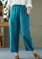 Fashion Peacock Blue Elastic Waist Patchwork Linen Harem Pants Summer